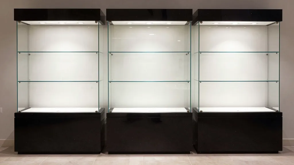 Custom retail display case and wall shelving system details