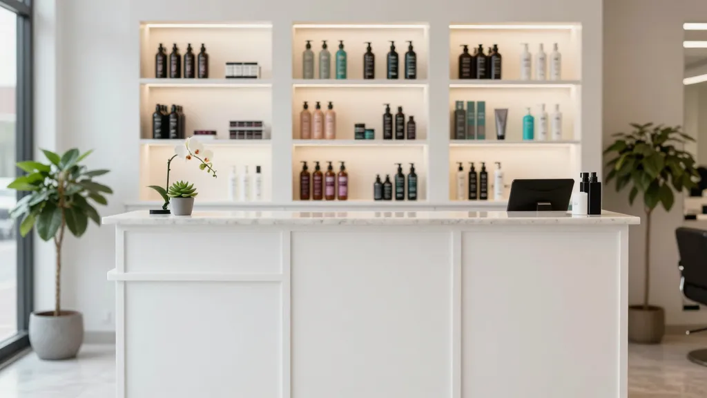 Custom salon styling station cabinet construction and storage details