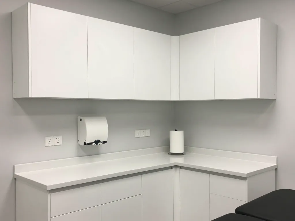 Medical exam room cabinet construction and surface details
