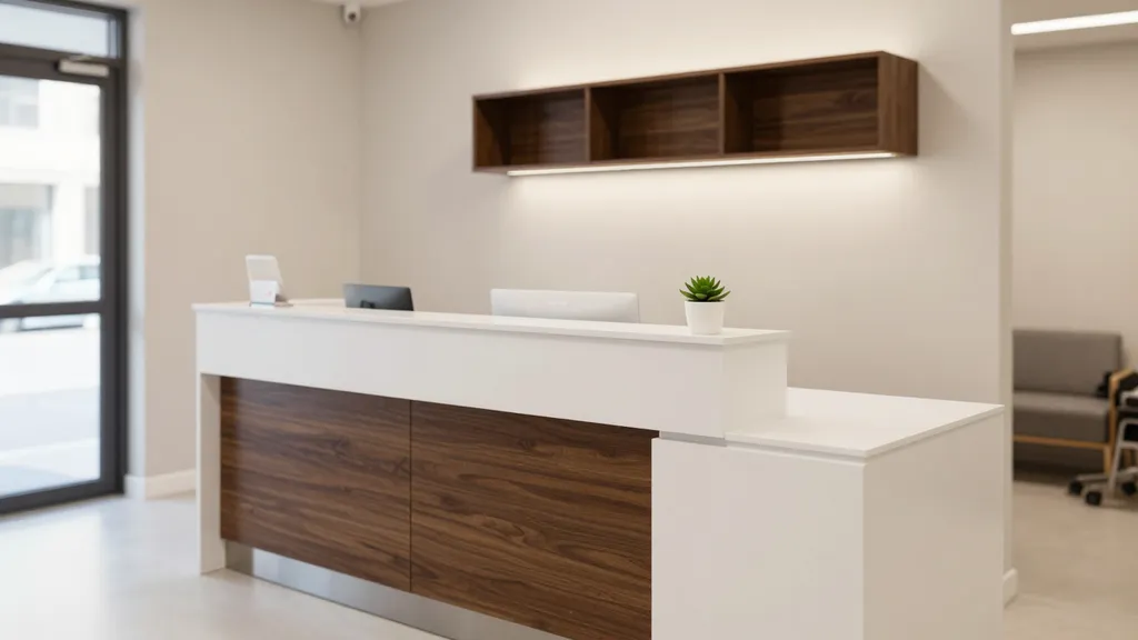 Completed dental office reception desk and cabinetry in Decatur, AL